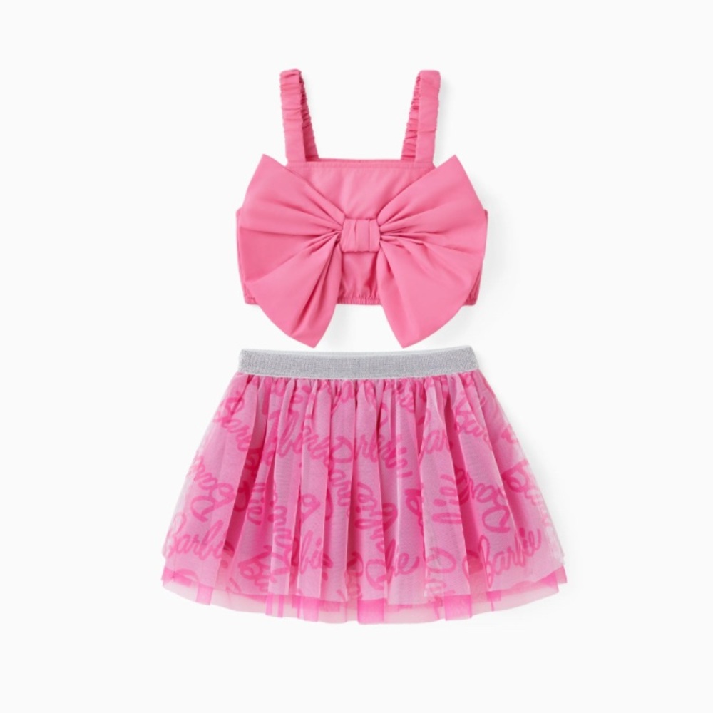Barbie 2pcs Girl Bow Twist Pink Top and Allover Logo Tulle Overlay Skirt Set